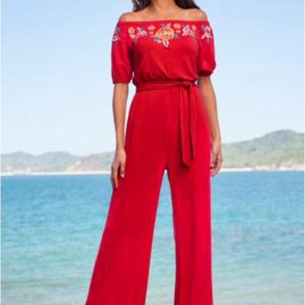 Boston Proper Red Embroidered Off-Shoulder Jumpsuit. Wide leg
